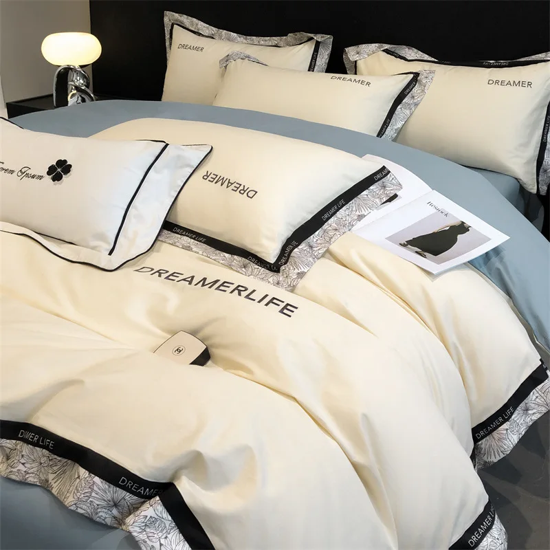 

High end all cotton four piece set, light luxury, 60 count pure cotton duvet cover, embroidered lace, solid color bed sheet, dir