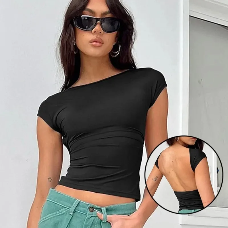

Summer Sexy Semi High Neck Hollowed Out Backless Exposed Navel Breathable Slim Fit Women's T-shirt Short Sleeved