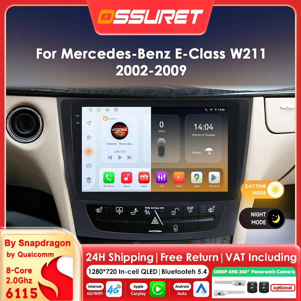 4G LTE Carplay Android Auto Smart Screen für Mercedes Benz E-Klasse W211 2002 - 2009 Multimedia-Videoplayer GPS 360-Kamera Auto-Stereoanlage 9-Zoll-Haupteinheit