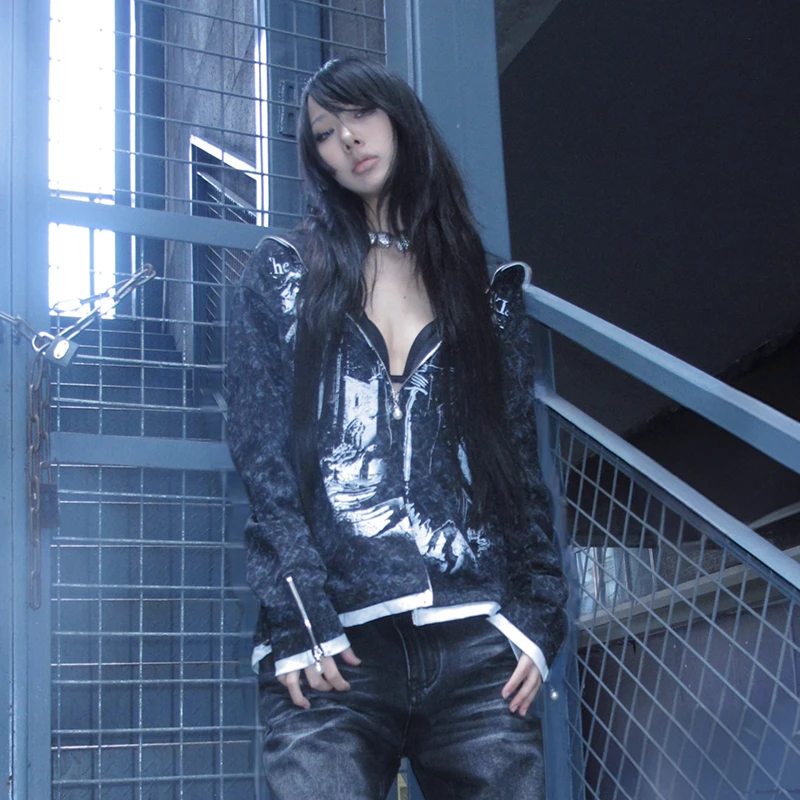 Karrcat grunge estética tatuagem impressão jaqueta vintage y2k angustiado com capuz outerwears trashy 2000s estilo zíper casaco americano