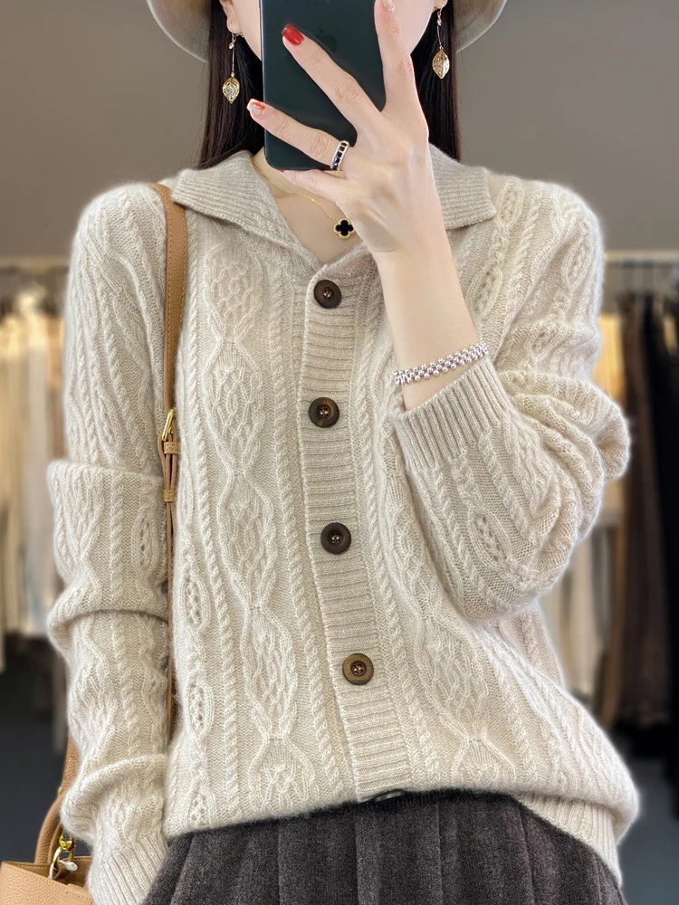 New Chic Women Cable Knit Sweater Thick Cardigan Autumn Winter 100% Merino Wool Long Sleeve Warm Cashmere Knitwear Korean Top