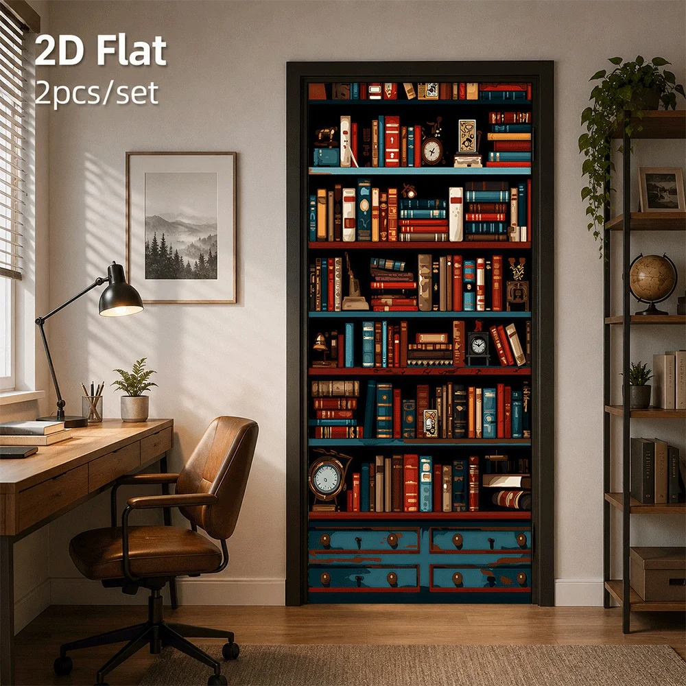 1 piece of retro bookshelf door sticker creative room decoration sticker suitable for bedroom, living room, office 2D plan