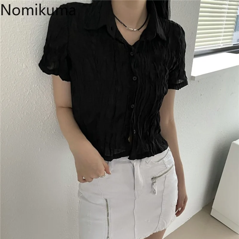 Nomikuma Crop Top Summer Turn Down Collar Pleated Hollow Out T Shirt for Women Vintage Harajuku Fashion Sexy Y2k Streetwear