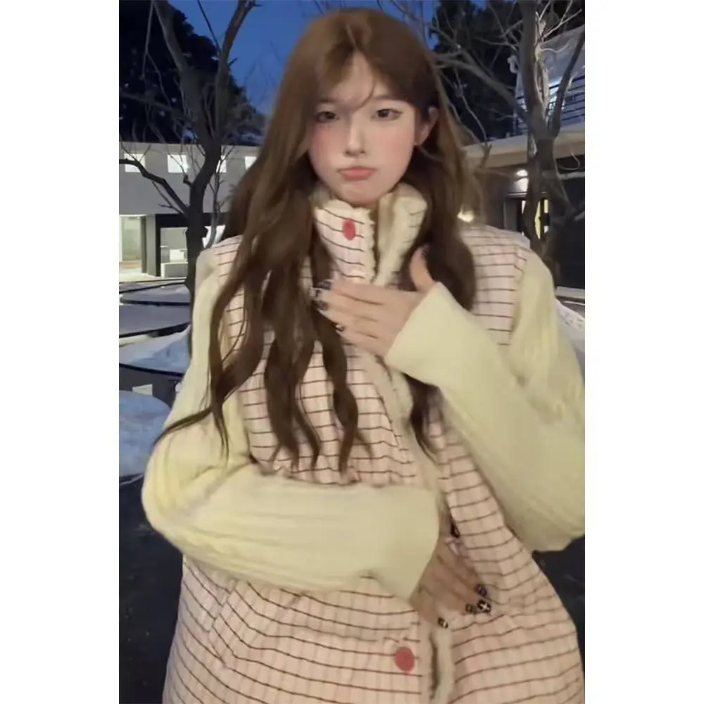 

Sweet School Sle Double Sided Wearable Lamb Velvet Cotton Jaet Vest Women Students Printed Stand Collar Warm Ci Commute