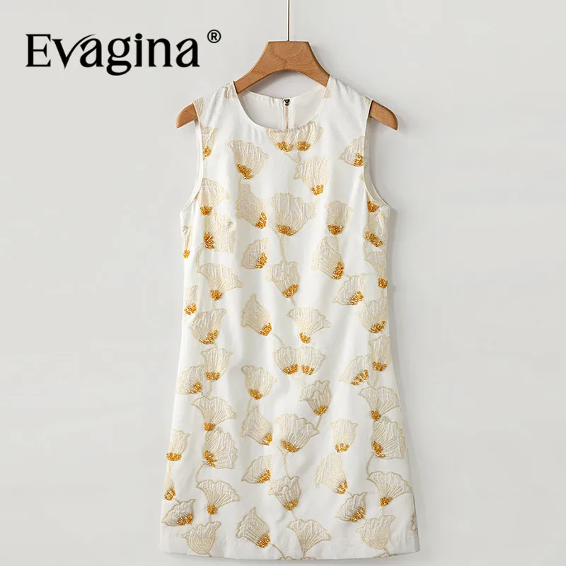 

Evagina Fashion design Chic Print Women's Dress Sleeveless Jacquard Beading Slim Short Dresses