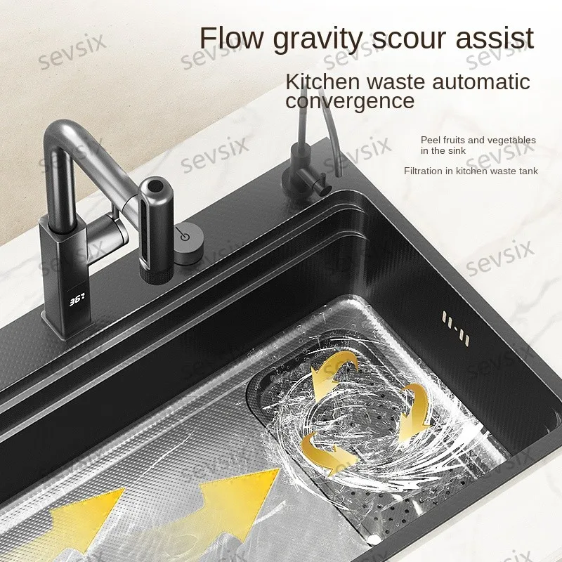 Hot selling Stainless Steel Waterfall Kitchen Sink With Knife Holder Digital Display Faucet Set Embossed Extra Large Single Slot