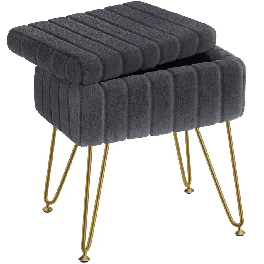 Vanity Stool Chair Faux Fur with Storage,15.7L x 11.8W x 19.4H Soft Ottoman 4 Metal Legs with AntiSlip Feet, Furry Padded Seat,