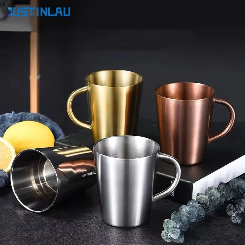 JUSTINLAU 300ml Doppelwandiger Wasserbecher aus 304 Edelstahl, Thermobecher für Kaffee und Bier mit Griff, für Zuhause/Bar, Cocktail- und Biergläser