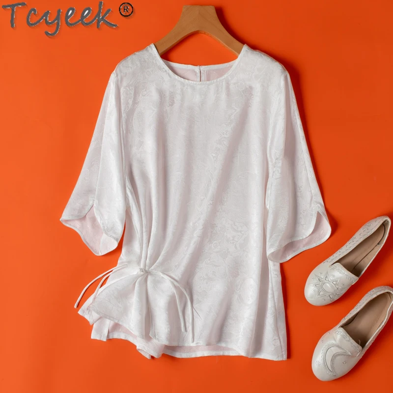 Tcyeek Spring Summer 100% Mulberry Silk T-shirt Fashion Blouse Half-sleeve White Top Female Clothing Women's Elegant T-shirts