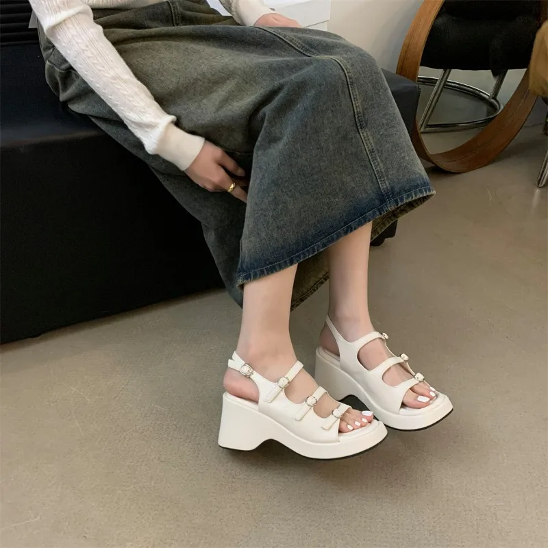 New Platform Sandals Ladies Open Toe Shallow Solid Color Buckle Casual Shoes 2024 Summer High Heels Women\'s Shoes Wedge Sandals