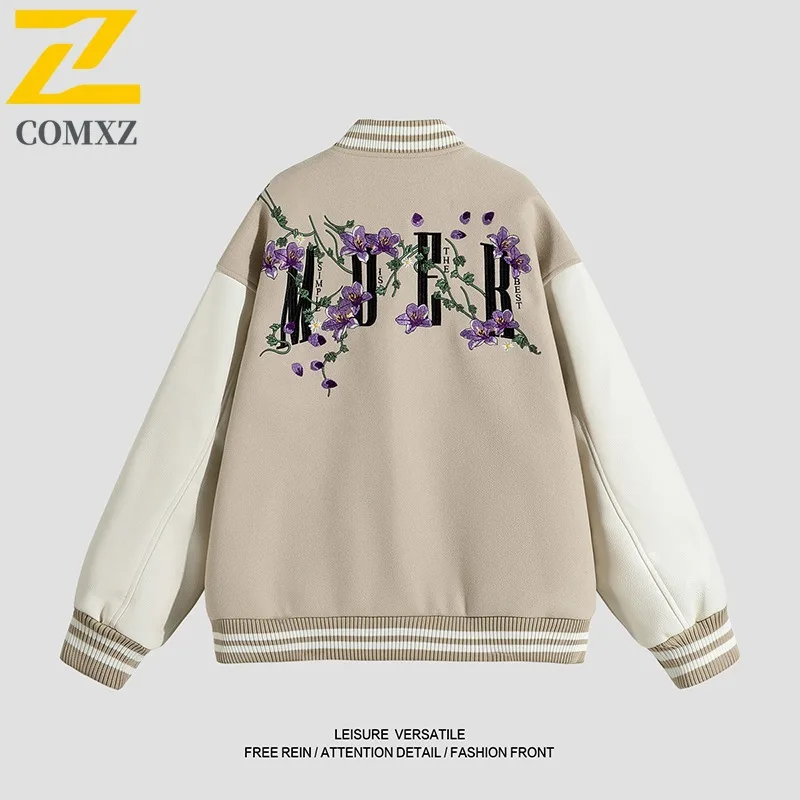 COMXZ Autumn Mens Baseball Jacket Casual Solid Color Printed Embroidery Windproof Coat Outdoor Streetwear Trendy Windbreaker