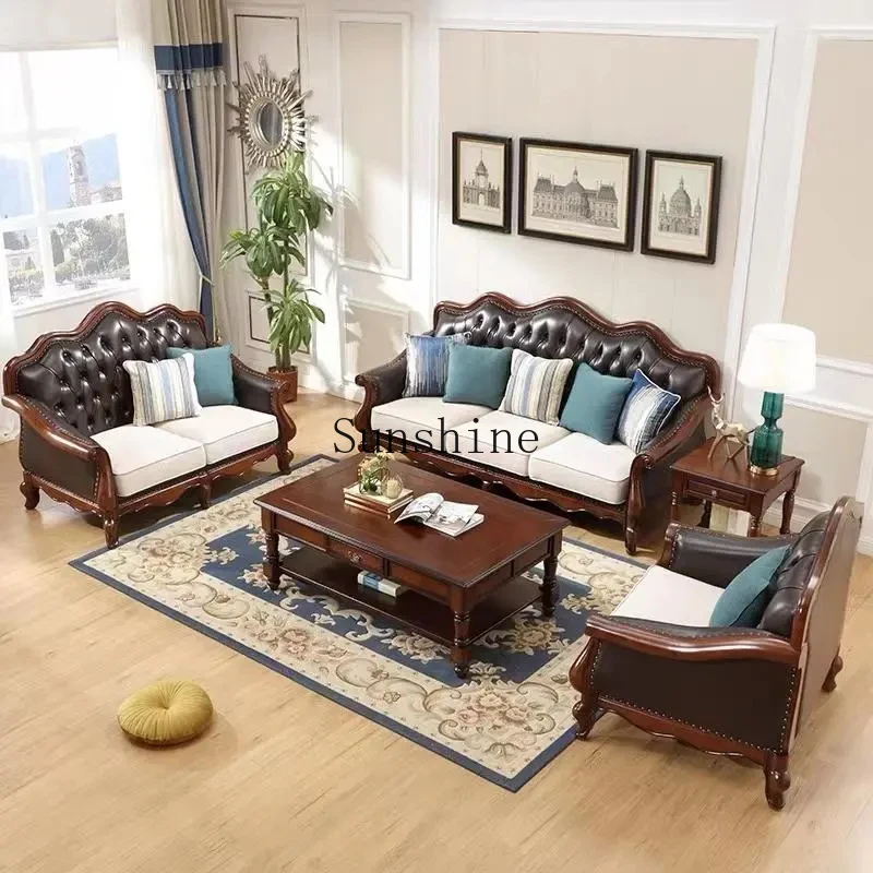 American all-solid wood leather sofa coffee table combination European simple modern living room sofa