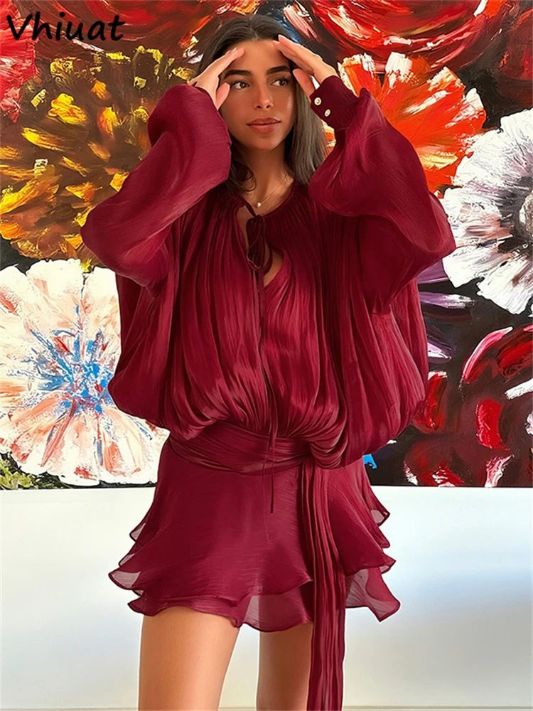 

Vhiuat 2025 Summe Autumn Sweet Long Sleeve Blouse Tops+High Waist Mini Shorts Suit 2 Piece Set Women Outfits Fashion Streetwear