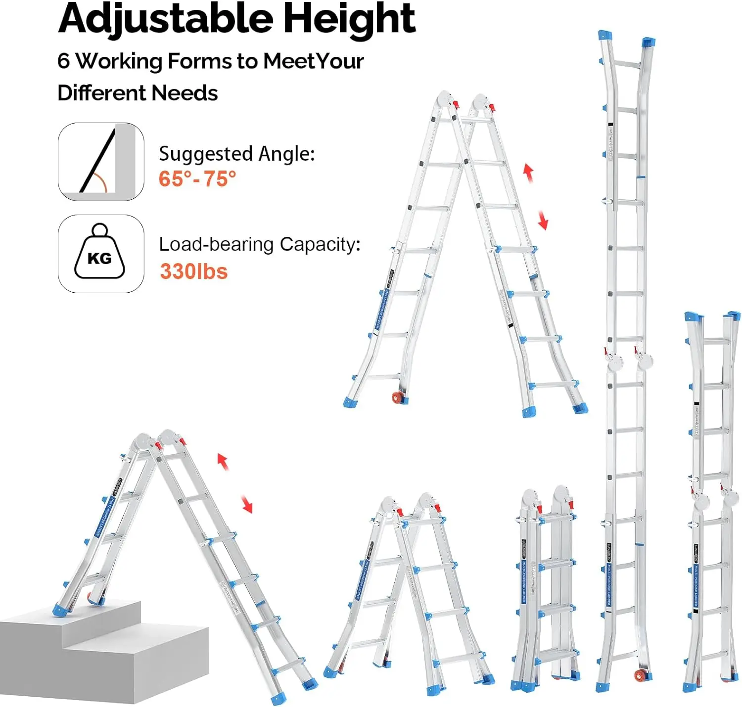LUISLADDERS Ladder, A Frame 4 Step Ladder Telescoping Ladder, 17 Ft Reach Height Muti Position Folding Ladder Flared Leg & Wheel