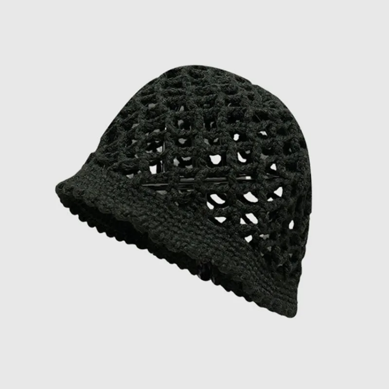 Korean Spring and Autumn Mesh Hollow Knitted Hat Hand-woven Ins Simple Solid Color Breathable Short Brim Sleeve Skull Beanie Cap