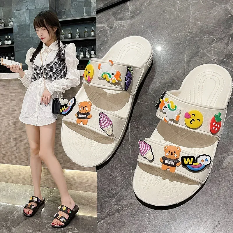 2024 Women Summer Casual Slides Comfortable Flax Slippers Striped Cartoon Flip Flops Platform Sandals Ladies Outdoor Shoes