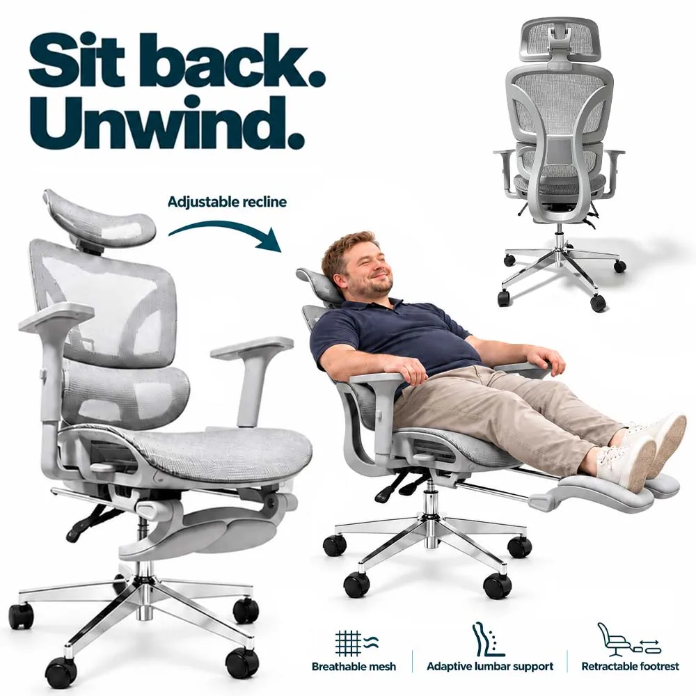 Chaise de bureau ergonomique en maille avec appui-tête réglable, accoudoirs 3D, soutien lombaire adaptable et repose-pieds rétractable.