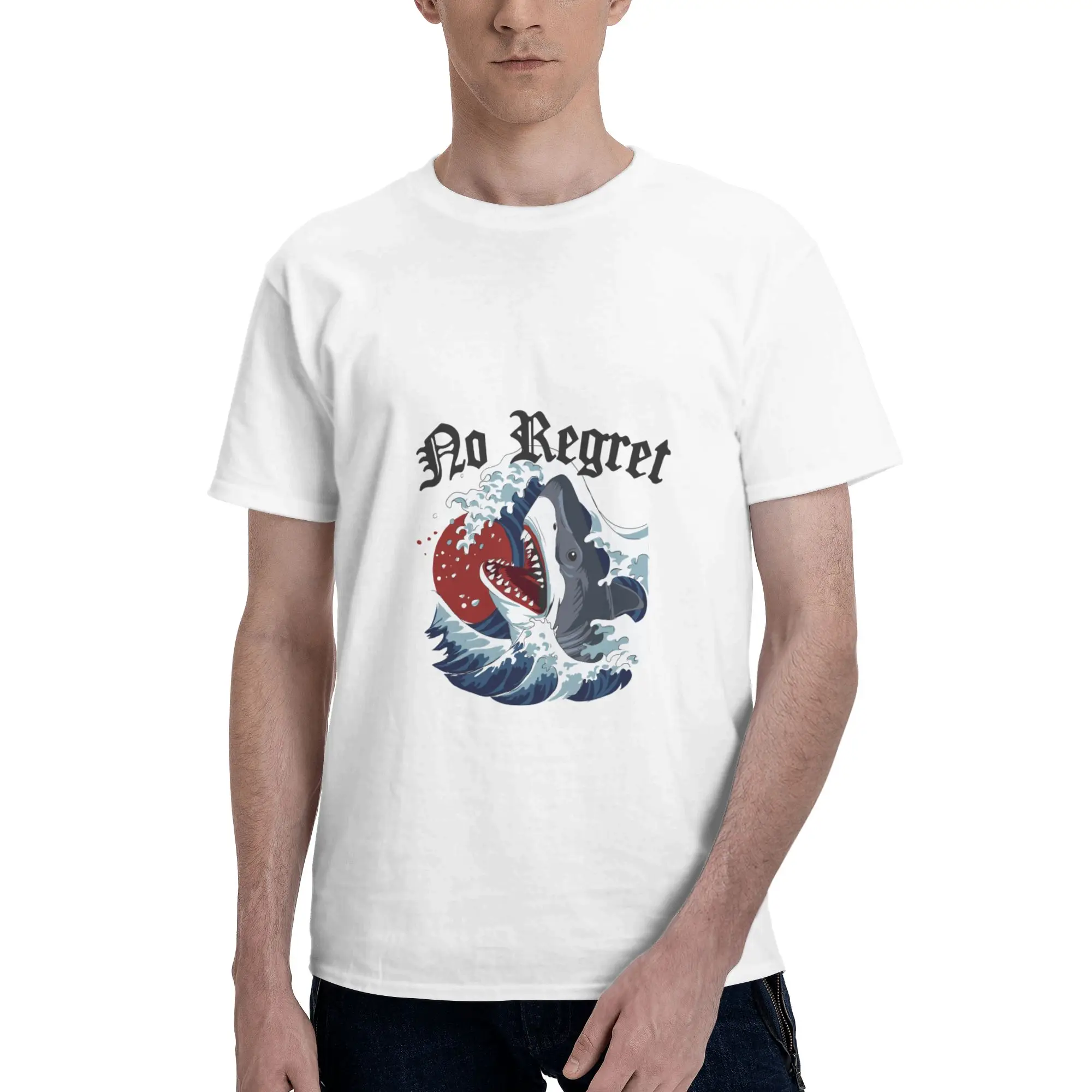 No Regret Shark Wave Illustration Print  Men's T-Shirt Clothes  Tee Shirt Short  Summer Casual Trendy