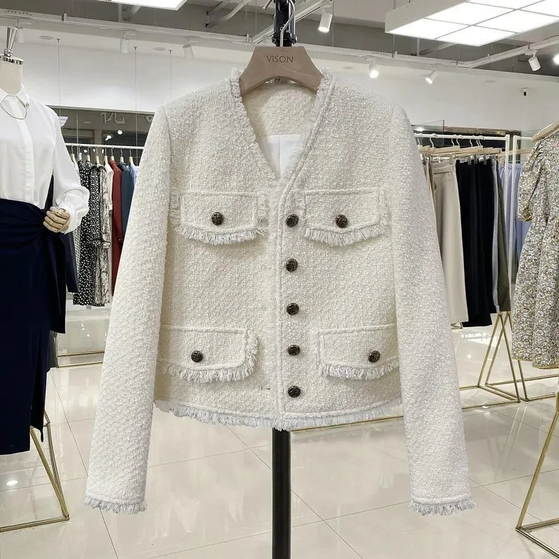 2023 nuovo autunno coreano signore corto scollo a v giacca di Tweed donna Slim tutto-fiammifero manica lunga Casual femminile cappotto capispalla top bianchi