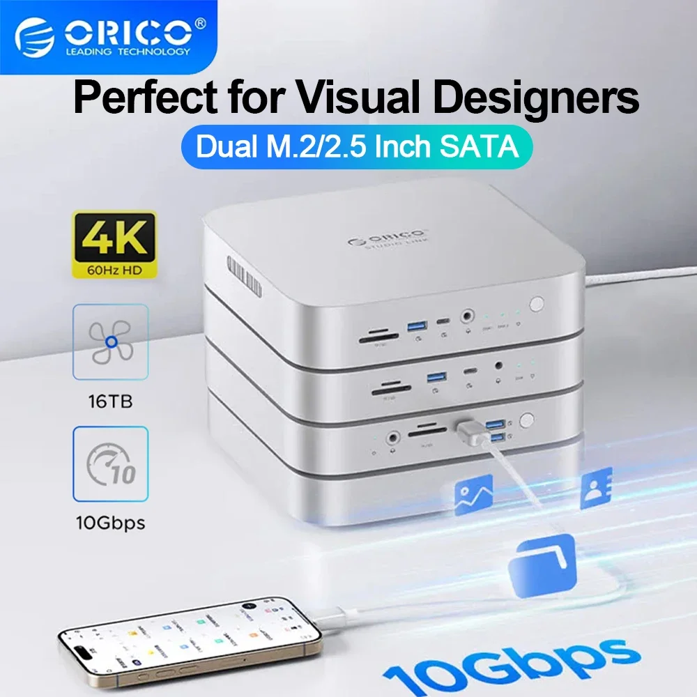 ORICO StudioLink USB C HUB 3.5″ SATA 16TB NVME M.2 SSD Hard Drive Enclosure DP8K@30Hz SD/TF2.0 Docking Station For Mac mini