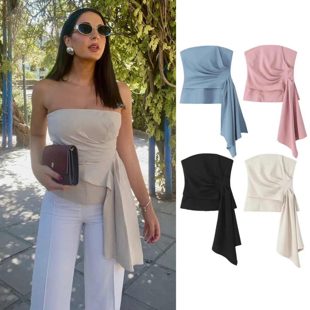 

2025 Summer New Women's Street Style All-match Personality Pleated Irregular Tube Top Slimming Short Top