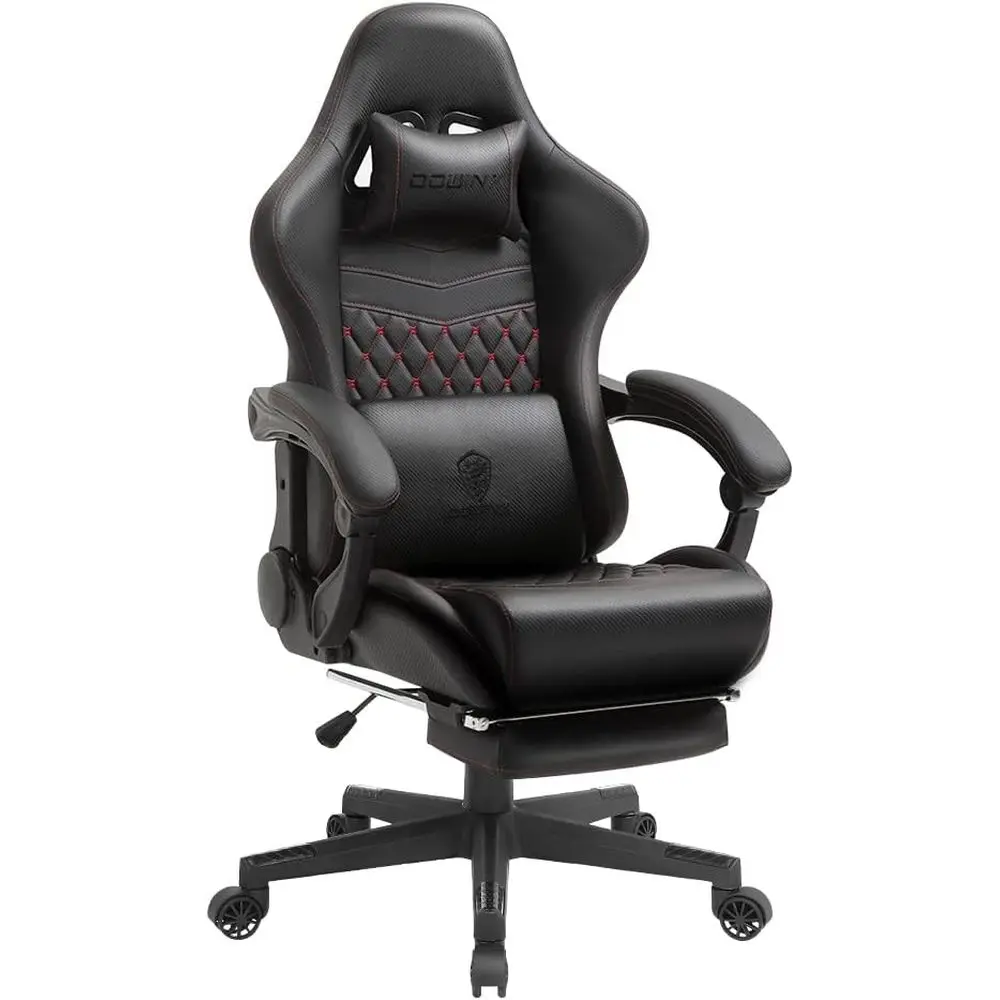 Vintage Style Leather Gaming Chair with Massage Lumbar Support, Reclining Footrest for E-Sports Gamers, Black & Red
