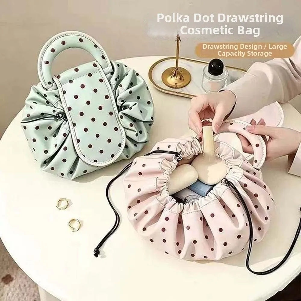 Waterproof Drawstring Makeup Pouch Foldable Portable Lazy Travel Organizer Washable Patterned Polka Dot Cosmetic Bag Performers