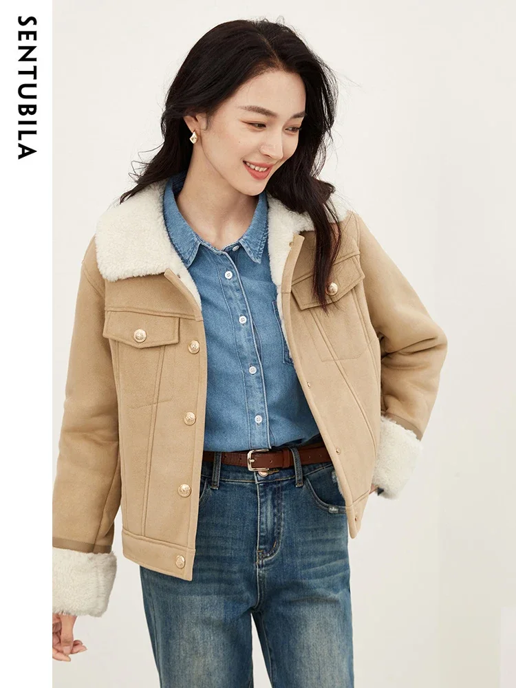 SENTUBILA Winter Single Breasted Faux Fur Coat Women Lapel Cropped Jacket Ladies Streetwear Warm New Outerwear Female W44P58506X