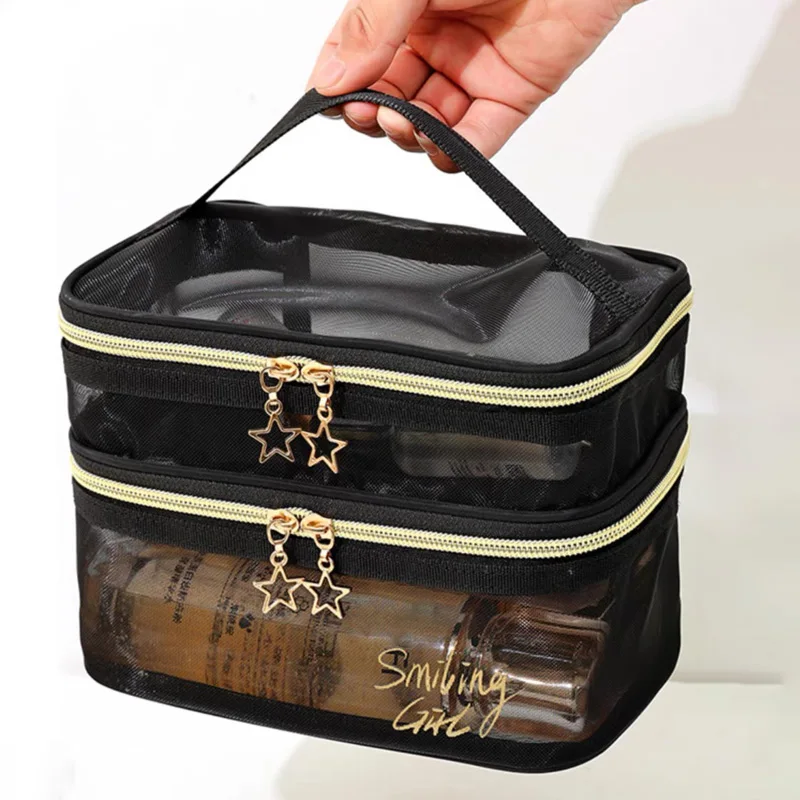 Reise Kosmetik tasche transparente Netz beutel Doppels chicht Make-up Handtasche Frauen tragbare Reisetasche Toiletten artikel Kit Organizer