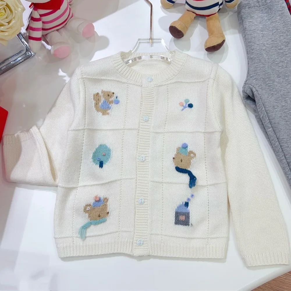 

baby girls clothes kid girls Cartoon pattern hand embroidery Off white knitted cardigan Spring sweater coat