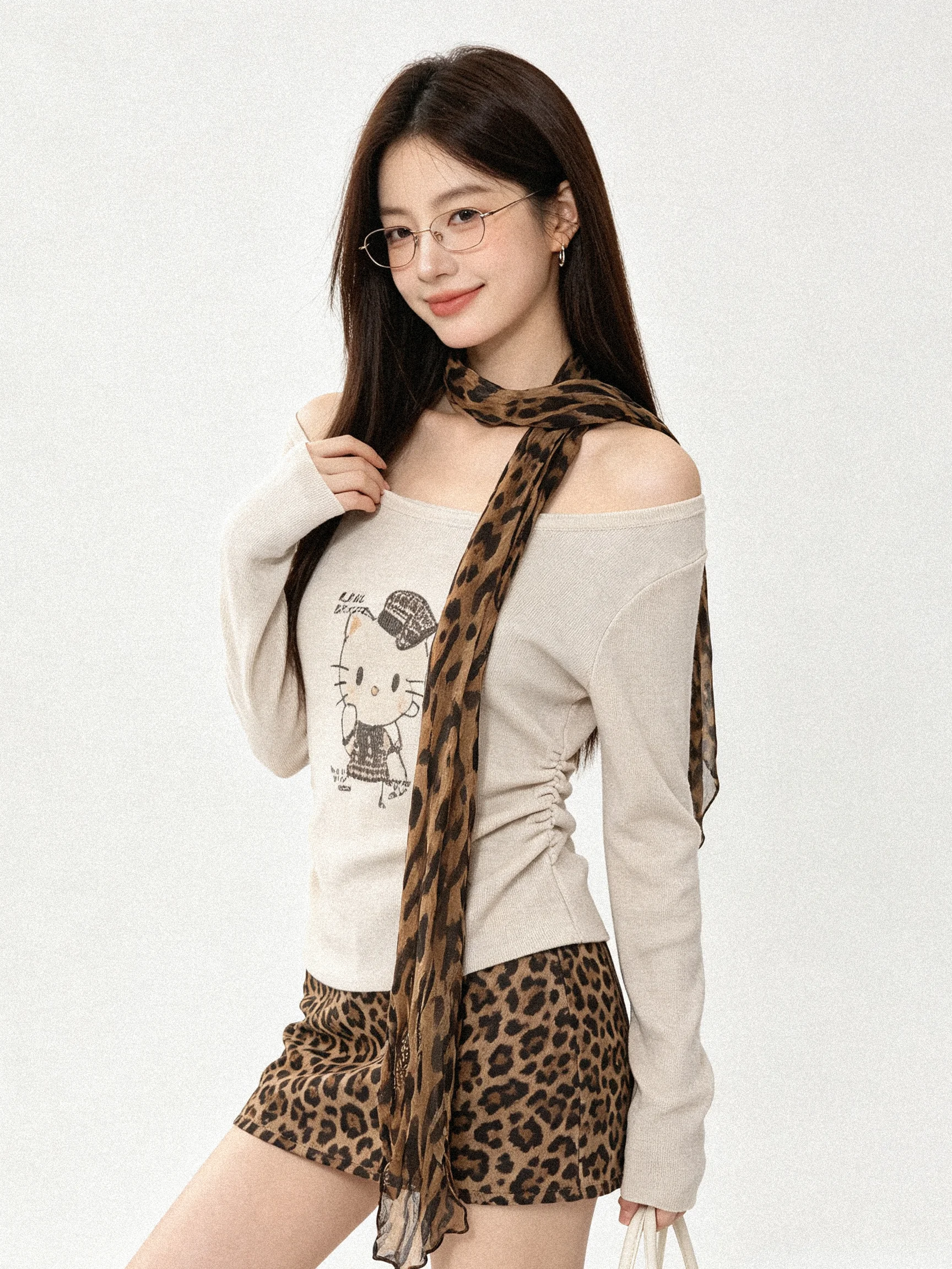 Slim Fit Short Sleeve T-Shirt Shoulder Bared Printed Base Layer Korean Style Long Sleeve Autumn Fashion for Young Women