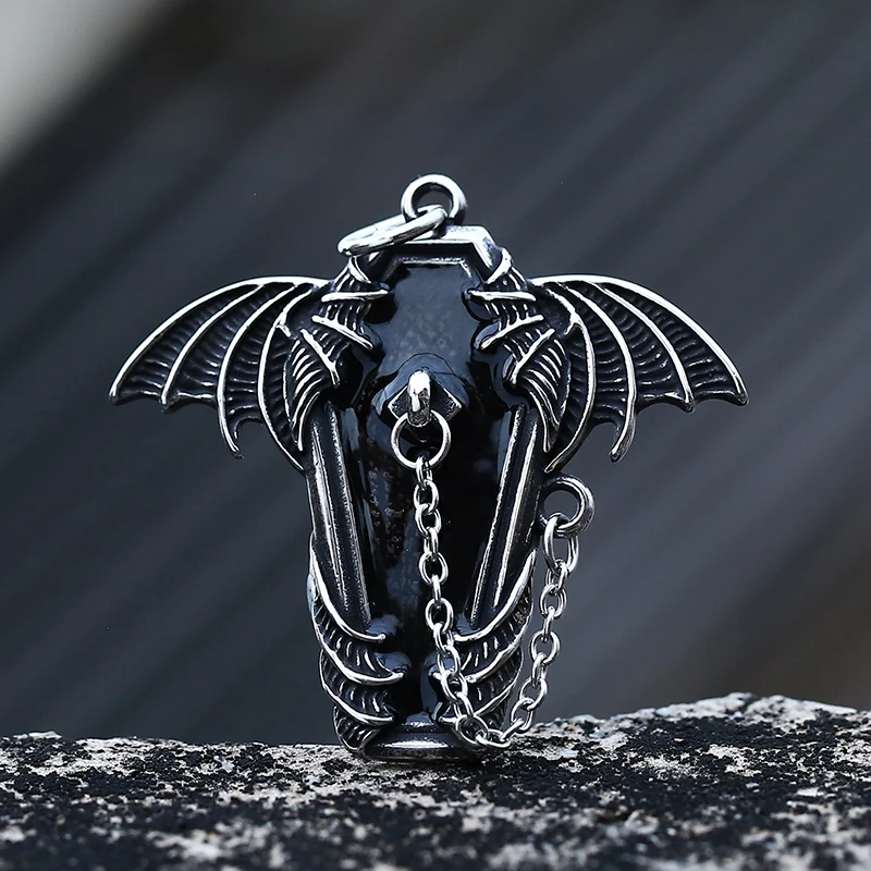 Gothic 316L Stainless Steel Coffin With Bat Pendant Necklace For Teens Punk Biker Darkly Jewelry Couple Gift Freeshipping