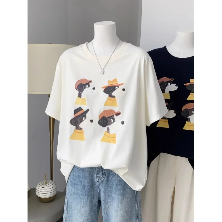 

Ladies' Loose Fit Cartoon Print ort Sve T-irt Comfortable Casual Top for Young Women Summer Faion Ladies' T-irt