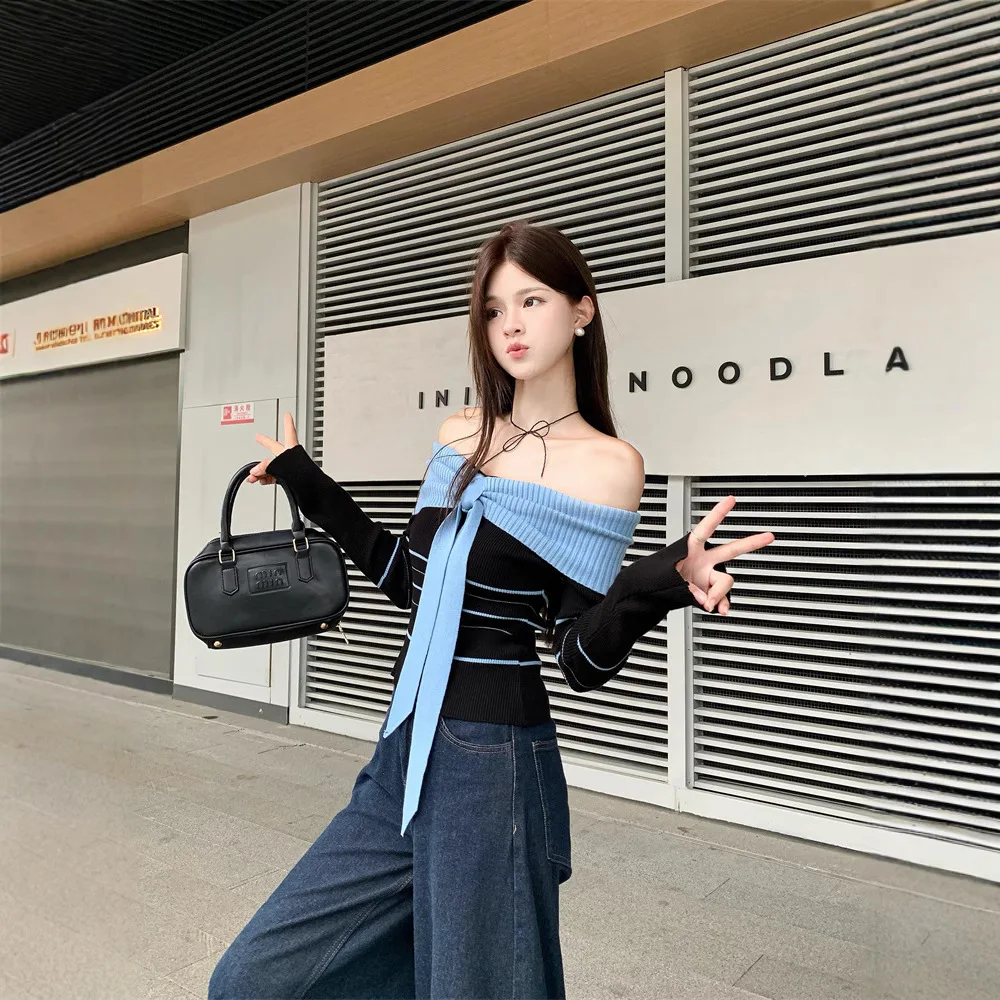 

Women's Design Sense Color Block Striped Off Shoulder Knit Top Early Autumn Soft Slim Fit Cropped Off Shoulder Long Sleeve Top
