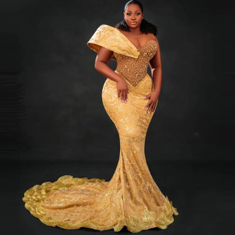 Gold Lace Prom Dresses With Sheer Neck Beads Pearls Long Train Mermaid Evening Gowns For Black Girls Aso Ebi Formal Party Gowns