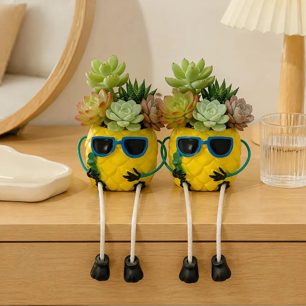 Cute Pineapple Flower Pot Resin Pineapple Tabletop Planter with Hanging Legs Pot Desktop Organizer Tropical Fruit for Home