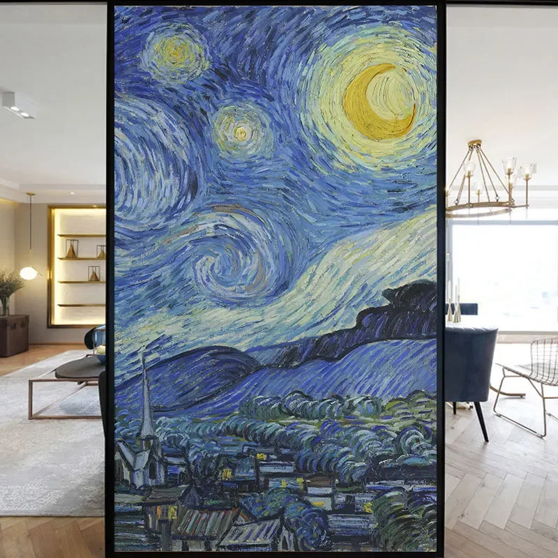 Privacy Windows Film Decorative Van Gogh Stained Glass Window Stickers No Glue Static Cling Frosted Windows Film for Home