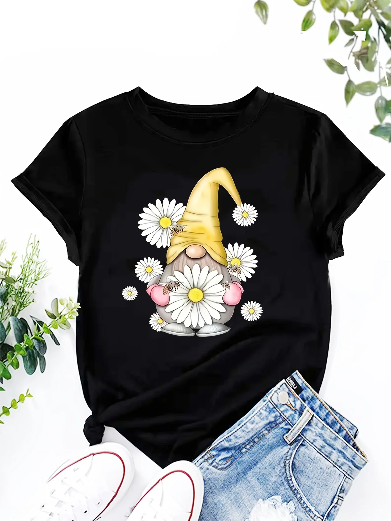 تي شيرت نسائي مقاس كبير مع طباعة كارتون ديزي، بلوزة كاجوال برقبة دائرية وأكمام قصيرة، قماش محبوك من البوليستر بنسبة 100%،