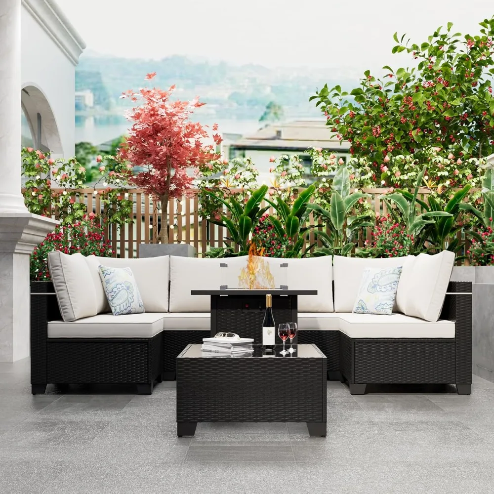 مجموعة أثاث الفناء مع طاولة حفرة النار 28 بوصة، مجموعة محادثة أثاث خارجي مكونة من 8 قطع مع وسائد وأريكة مقطعية من الخوص #1