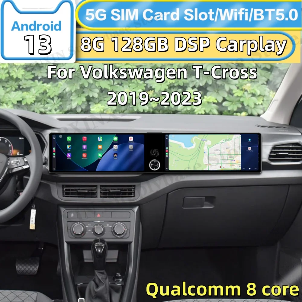 Dual-screen Interaction Android 13 For Volkswagen T-Cross 2019~2023 Car Radio Multimedia GPS Navigation Stereo Screen Head Unit