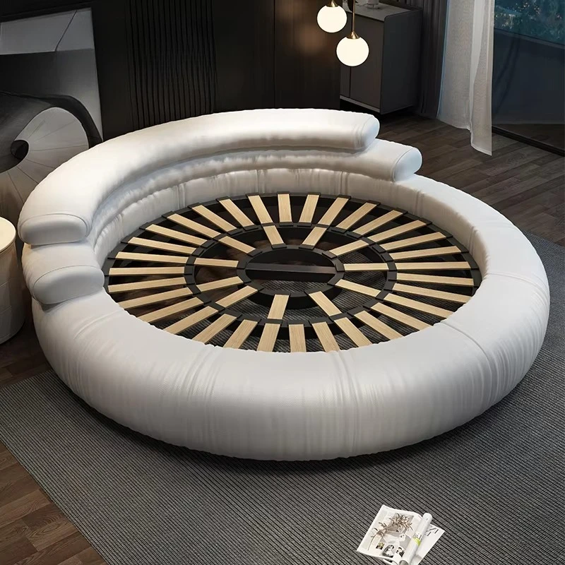 غرفة نوم رئيسية مزدوجة فاخرة بسيطة مع سرير دائري لحفلات الزفاف من الجلد الناعم على الإنترنت #5