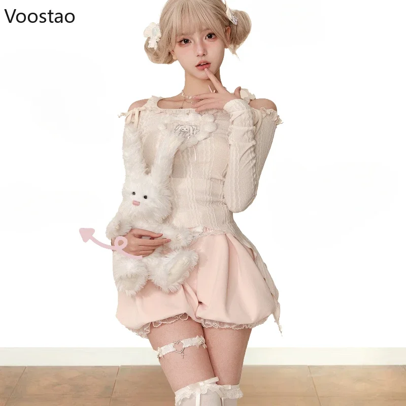 Japanese Kawaii Lolita Style Slim 2 Piece Set Women Sweet Long Sleeve Blouse Tops Y2k Cute Shorts Female Korean Fashion Suits