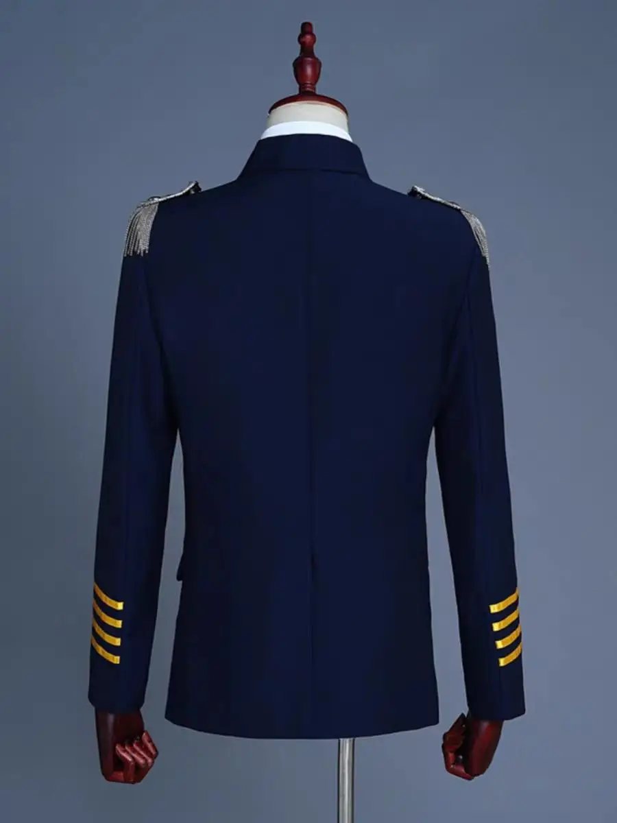 ชุดสูทผู้ชายสไตล์ทหาร พร้อมพู่ประดับไหล่ แบบกระดุมสองแถว สำหรับงานปาร์ตี้ การแสดงบนเวที พิธีกร ดีเจ