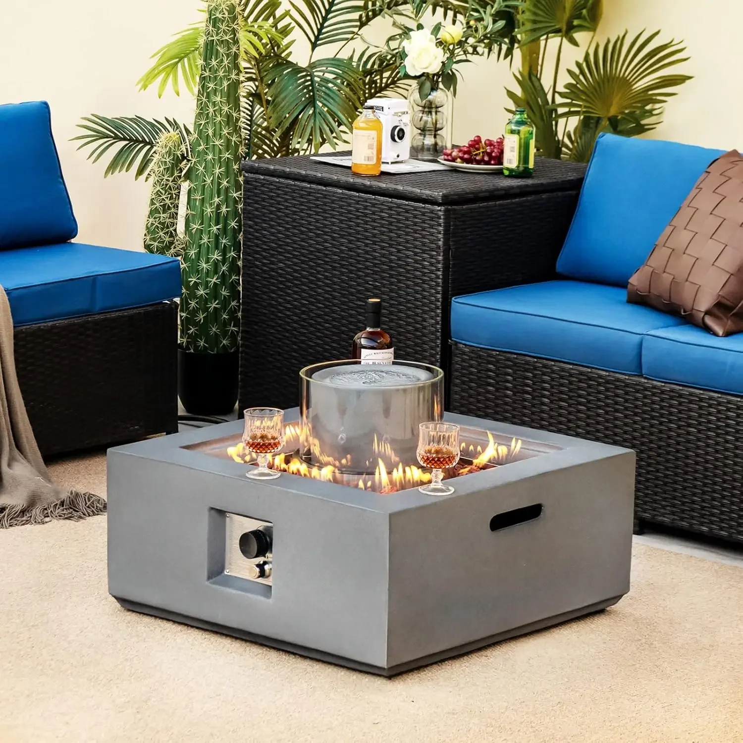 28” Fire Pit Table with Fountain, 50,000 BTU Square Fire Table with Stainless Steel Burner, Wind Guard, Lava Rocks & PVC Cover