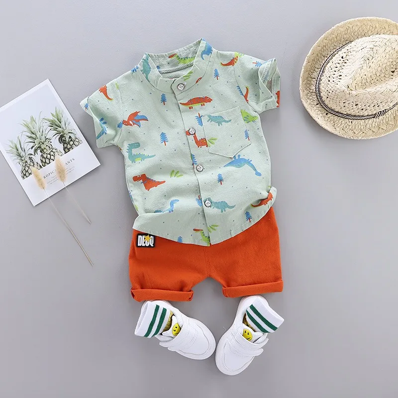 2pcs/set Summer  New Kids Set Outfit Short-sleeve Set Boys Girls Baby Toddler Cartoon Children's Clothing Dinosaur Shirt+ Shorts