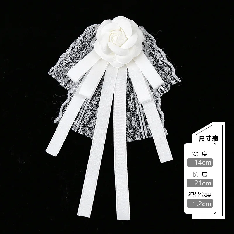 Fashion White Lace Ribbon Camellia Flower Brooches for Women Fabric Bow Tie Collar Pins College Style Necktie Jewelry Gifts