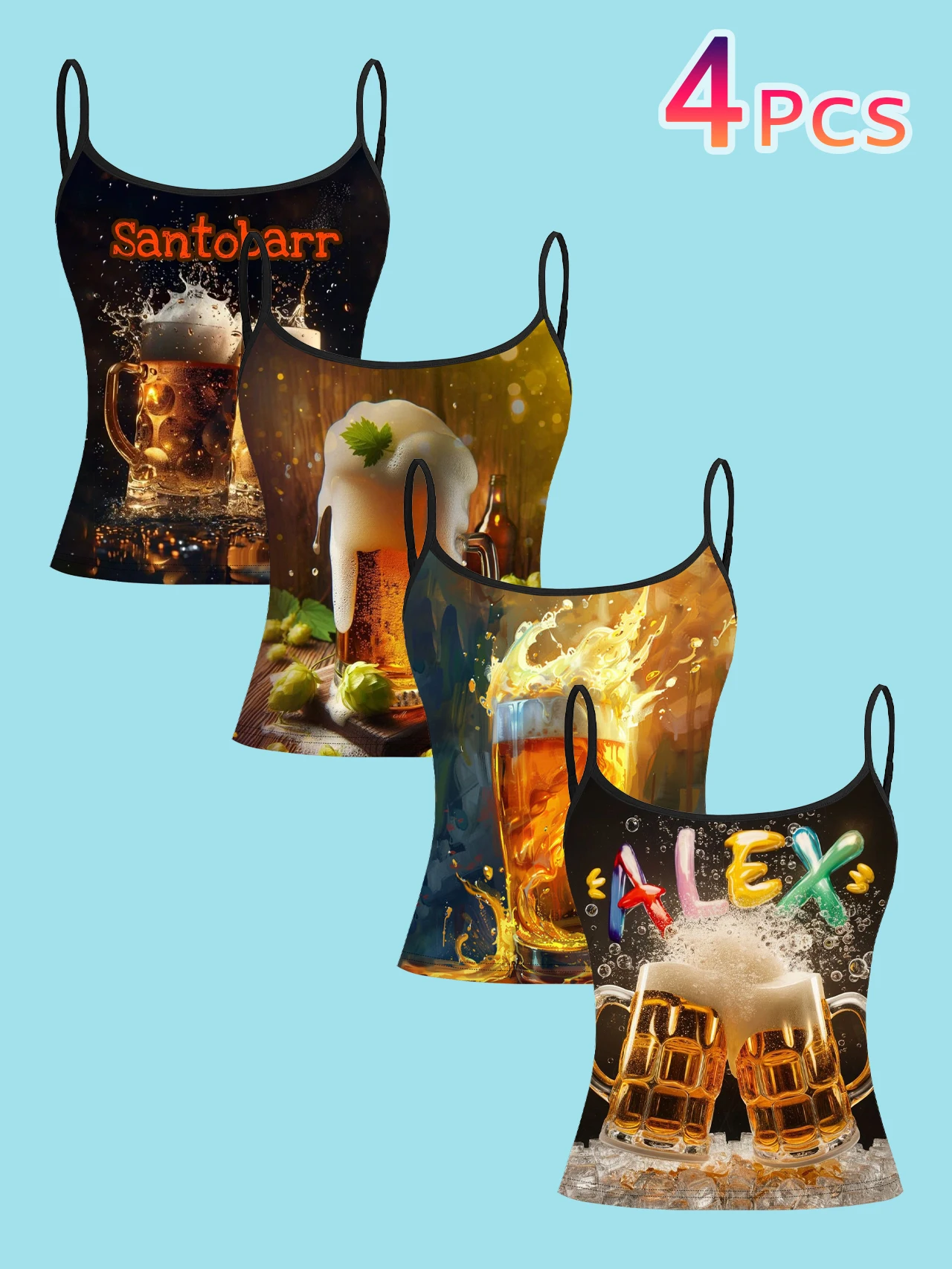 4-Piece Set of Artistic Realistic Beer Mug Women's Camisoles with Foam Beer Flower and Splash Design, Personalized English Name Print, Slim-Fit Spaghetti Strap Short Camisole Tops