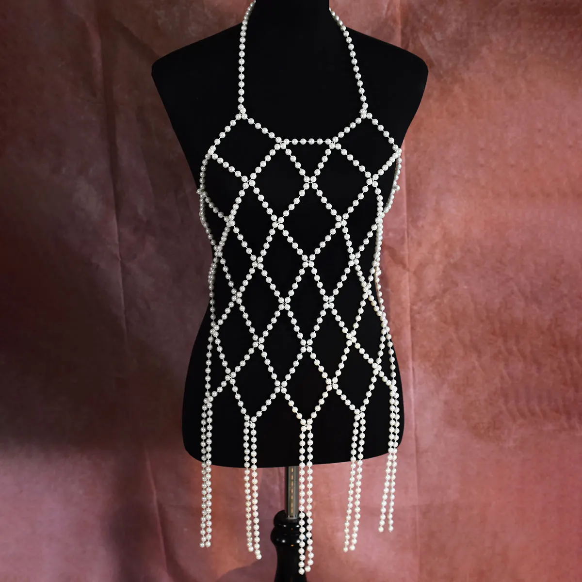 Simple Fashion Body Chain Imitation Pearl Long Tassel Bra Underwear Hollow Grid Lady Stage Show Party Dress Accessories