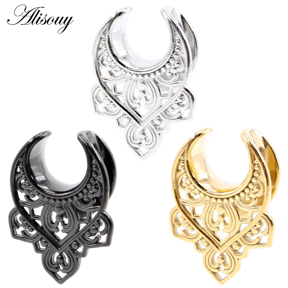 Alisouy 1PC Stainless Steel Hollow Flower Petal Saddle Ear Tunnel Plugs Expander Stretcher Gauges Earrings Piercing Body Jewelry