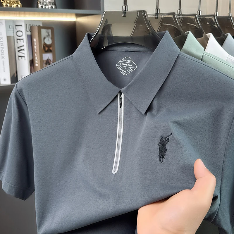 Summer New Ice Silk Cool Short Sleeved Polo Shirt, Skin Friendly, Breathable, Lapel Zipper, Business Casual T-shirt for Men